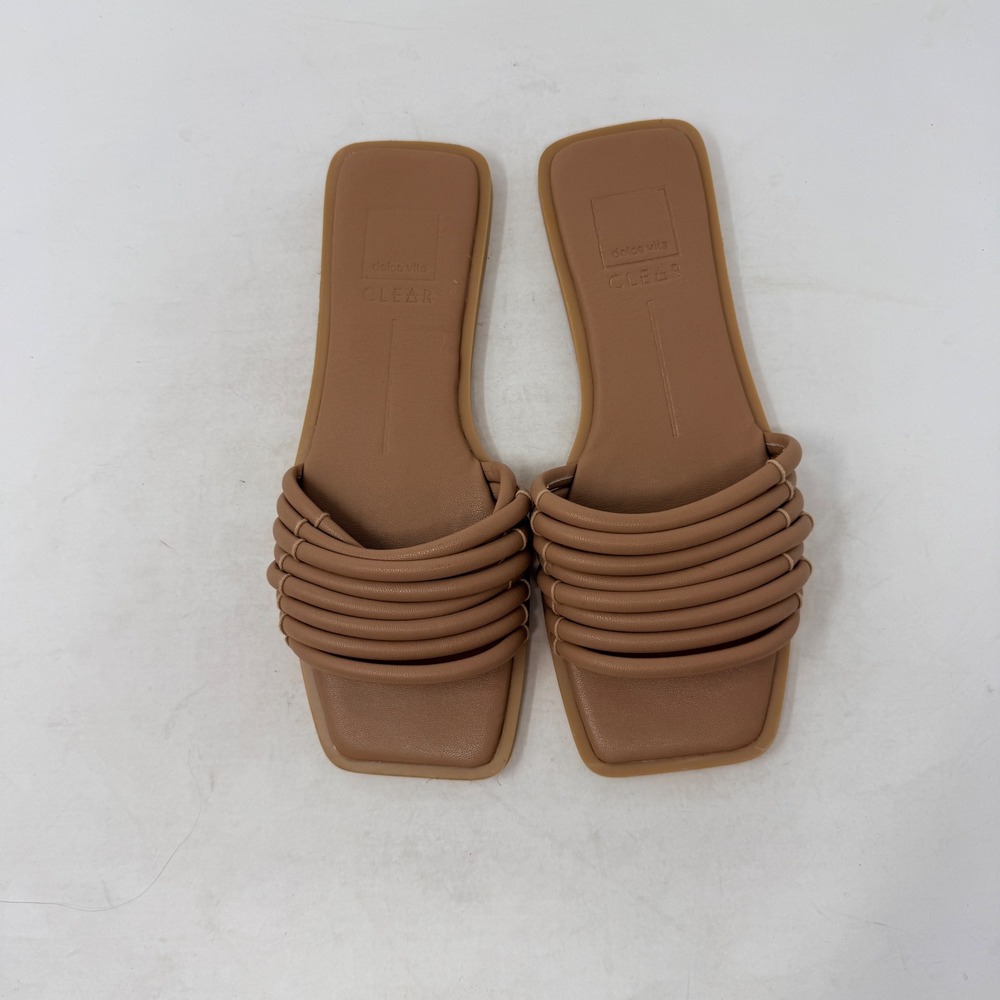 Dolce Vita Indre Slide Sandals Tan Brown Square Toe Flat Strappy Shoes Size 8 - Picture 5 of 10